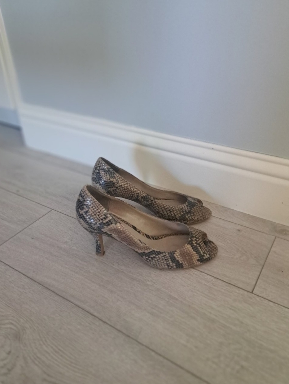 Women’s Snake-Print Peep-Toe Heels in Taupe
